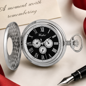 Chrome Plated Half Hunter Date Display Quartz Pocket Watch with Chain