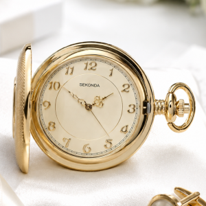 Gold Plated Half Hunter Quartz Pocket Watch with Chain