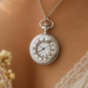 Silver Plated Half Hunter Quartz Pendant Necklace Watch