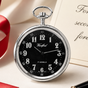 Chrome Plated Open Face Mechanical Pocket Watch Black with Chain