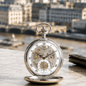 The Kensington Chrome Plated Double Hunter Mechanical Pocket Watch with Chain