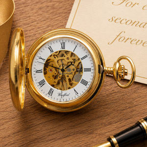 Gold Plated Half Hunter Skeleton Dial Mechanical Pocket Watch with Chain