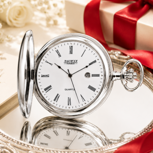 Chrome Plated Full Hunter Date Display Quartz Pocket Watch with Chain (48mm) (G554CQ)