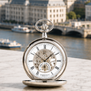 Chrome Plated Double Hunter Mechanical Pocket Watch St James with Chain