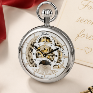 Chrome Plated Open Face Moon Dial Mechanical Pocket Watch with Chain