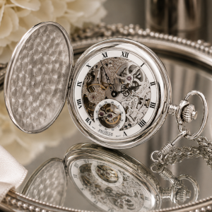 Sterling Silver Full Hunter Mechanical Pocket Watch With Chain