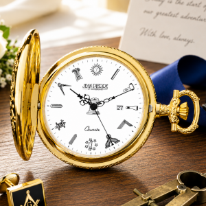 Masonic Gold Plated Half Hunter Date Display Quartz Pocket Watch with Chain