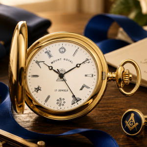 Gold Tone Full Hunter 17 Jewel Mechanical Pocket Watch With Masonic Dial