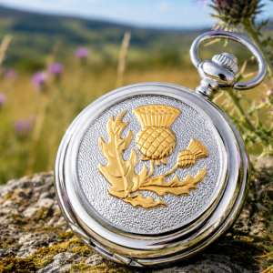 Thistle Chrome & Pewter Full Hunter Quartz Pocket Watch with Chain