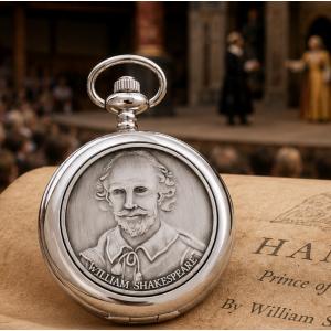 Chrome & Pewter Full Hunter Quartz Pocket Watch William Shakespeare with Chain
