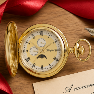 Gold Plated Half Hunter Moon Dial Quartz Pocket Watch Moondial with Chain