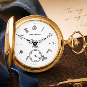 Masonic Gold Plated Full Hunter Mechanical Pocket Watch with Chain