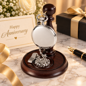 Chrome Plated Full Hunter Quartz Pocket Watch Stand with Chain
