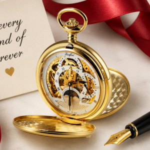 Gold Plated Double Hunter Dual Time Mechanical Pocket Watch with Chain