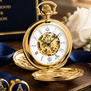 Masonic Gold Plated Double Half Hunter Mechanical Pocket Watch with Chain