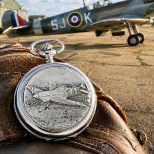 Spitfire Chrome & Pewter Full Hunter Quartz Pocket Watch with Chain