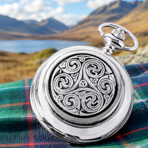 Celtic Chrome & Pewter Full Hunter Quartz Pocket Watch Logo with Chain