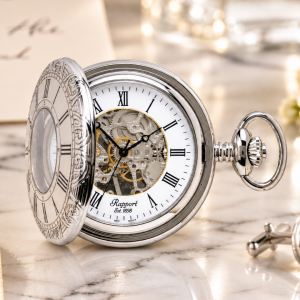 Silver Plated Half Hunter Skeleton Dial Mechanical Pocket Watch with Chain