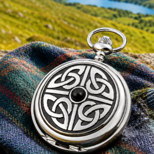 Celtic Chrome Plated Full Hunter Quartz Pocket Watch with Chain
