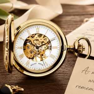 Gold Plated Half Hunter Skeleton Dial Mechanical Pocket Watch with Chain