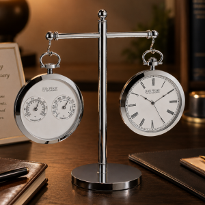 Chrome Plated Open Face Quartz Pocket Watch Thermometer Hygrometer