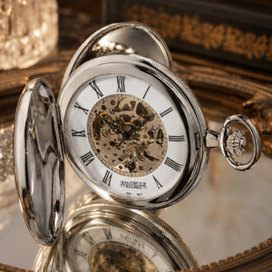 Chrome Plated Double Half Hunter Mechanical Pocket Watch with Chain (48mm)