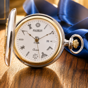 Masonic Two-Tone Full Hunter Date Display Quartz Pocket Watch with Chain