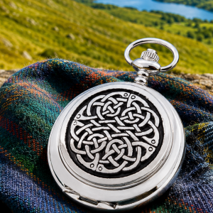 Celtic Chrome & Pewter Full Hunter Quartz Pocket Watch Pattern with Chain