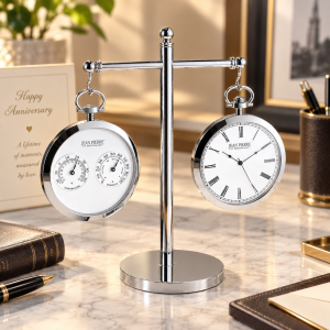 Chrome Plated Open Face Quartz Pocket Watch Thermometer Hygrometer