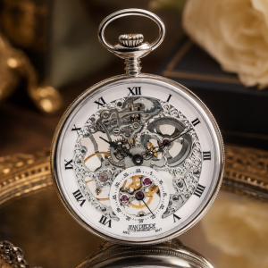 Chrome Plated Open Face Skeleton Dial Mechanical Pocket Watch with Chain