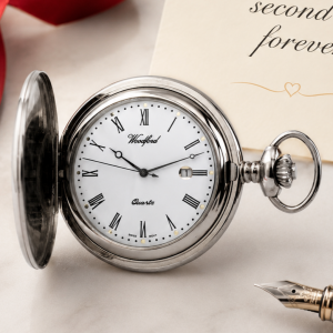 Chrome Plated Full Hunter Date Display Quartz Pocket Watch with Chain