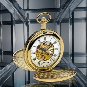 Gold Plated Skeleton Mechanical Double Hunter Pocket Watch