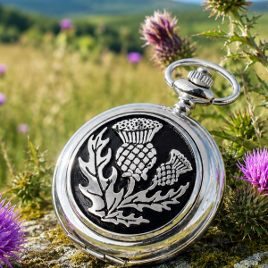 Thistle Chrome & Pewter Full Hunter Quartz Pocket Watch Black with Chain