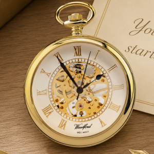 Gold Plated Open Face Skeleton Dial Mechanical Pocket Watch with Chain