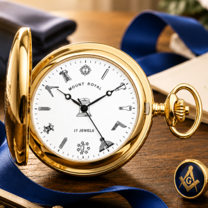 Masonic Gold Plated Full Hunter Mechanical Pocket Watch with Chain