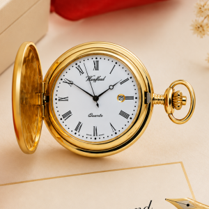 Masonic Gold Plated Full Hunter Date Display Quartz Pocket Watch with Chain (Roman Numerals)
