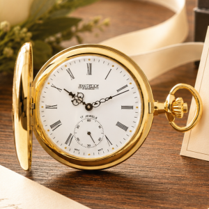 Gold Plated Half Hunter Mechanical Pocket Watch with Chain