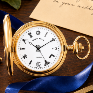 Masonic Gold Plated Full Hunter Mechanical Pocket Watch with Chain