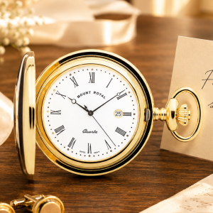 Gold Plated Half Hunter Date Display Quartz Pocket Watch with Chain