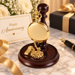 Gold Plated Full Hunter Quartz Pocket Watch Stand with Chain