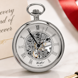 Chrome Plated Open Face Skeleton Dial Mechanical Pocket Watch with Chain