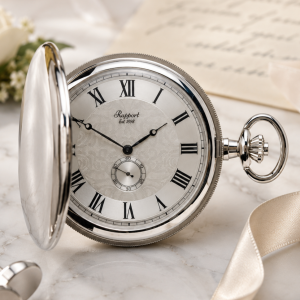 Silver Plated Full Hunter Quartz Pocket Watch with Chain