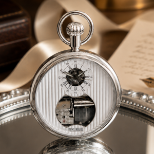 Chrome Plated Open Face Skeleton Dial Mechanical Pocket Watch with Chain
